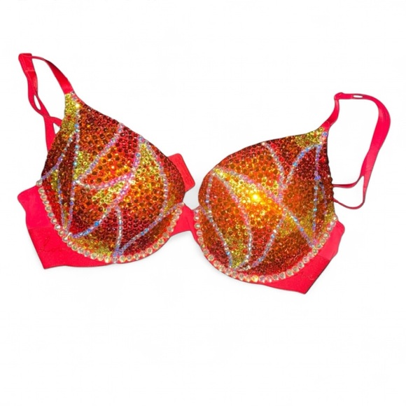 Red Fire Swirls Crystal Rhinestone Classic Glam Bling Bra Top All Sizes New - Picture 1 of 9